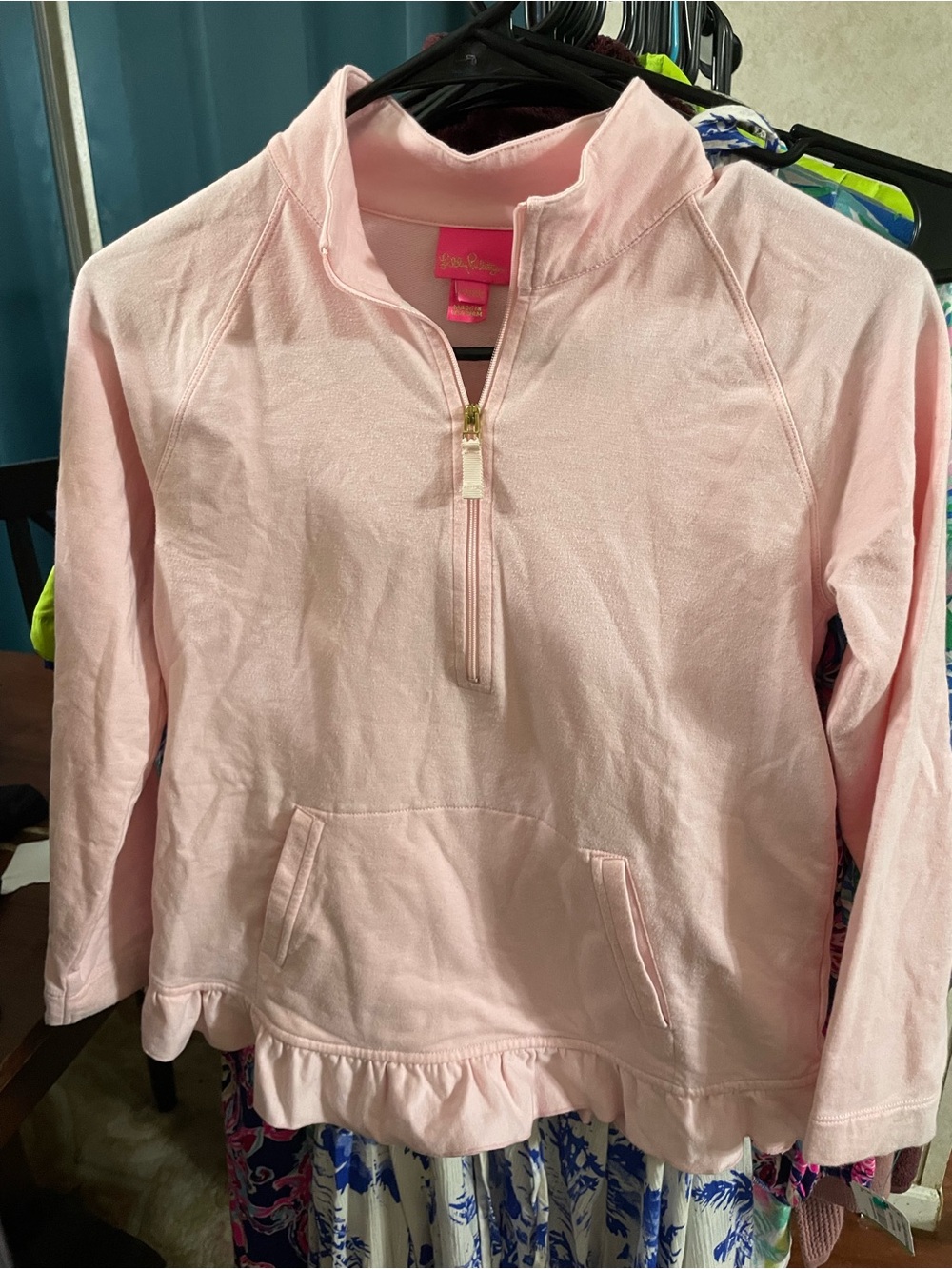 Lilly Pulitzer Light Pink Quarter-Zip Ruffle Hem Pullover